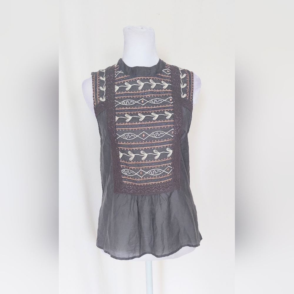 Anthropologie Tiny Embroidered Peasant Tank Size XS Gray Silk Cotton Blend